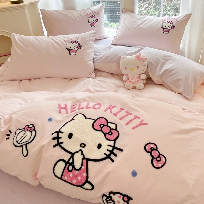 91家纺网 家纺一手货源 找家纺 雅居纺家纺 2025新款全棉纯棉磨毛三丽鸥毛巾绣四件套 蛋糕KT