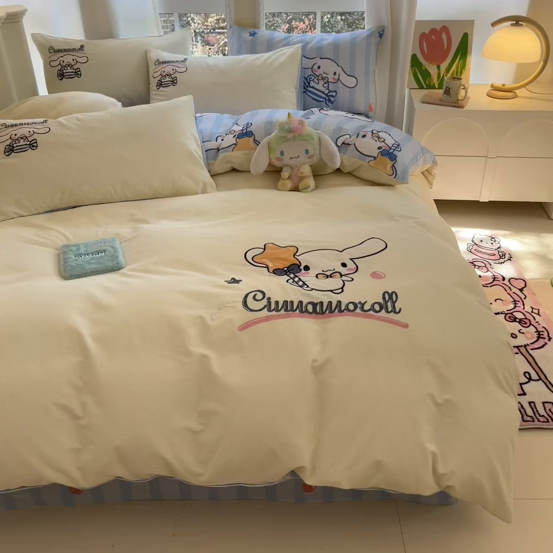 91家纺网 家纺一手货源 找家纺 雅居纺家纺 2025新款全棉纯棉磨毛三丽鸥毛巾绣四件套 星星玉桂狗