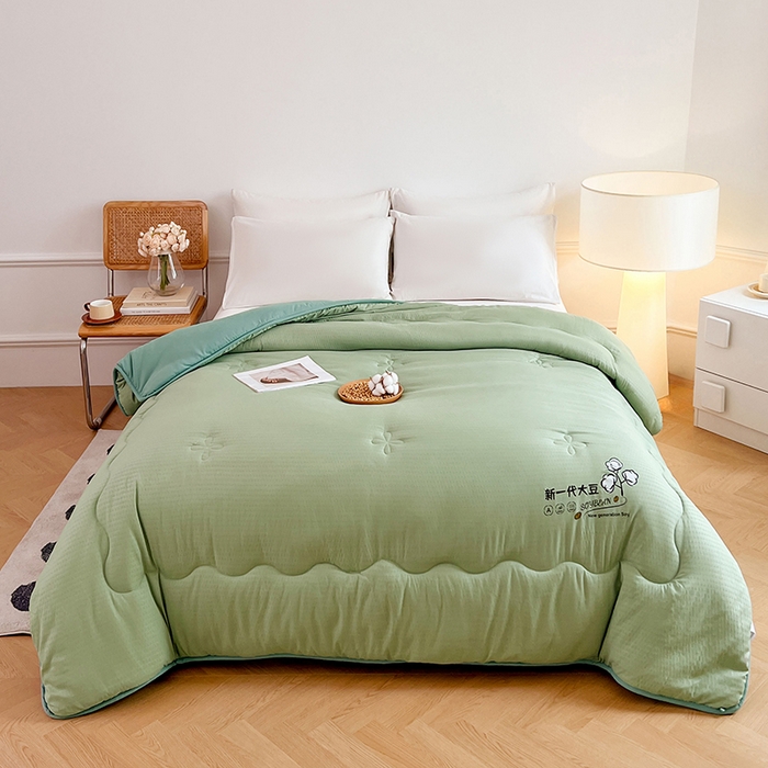 91家纺网 家纺一手货源 找家纺 VIP被业 2025新款简约新一代泡泡棉大豆被冬被被子被芯 草绿