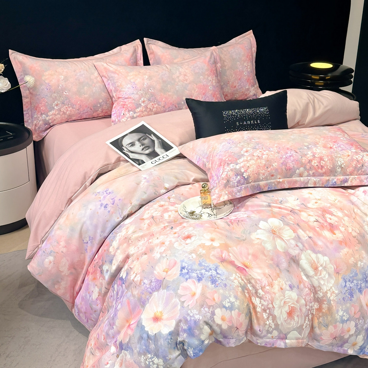 91家纺网 家纺一手货源 找家纺 喜四方 2025新款加厚全棉大版印花四件套 繁花似锦-粉