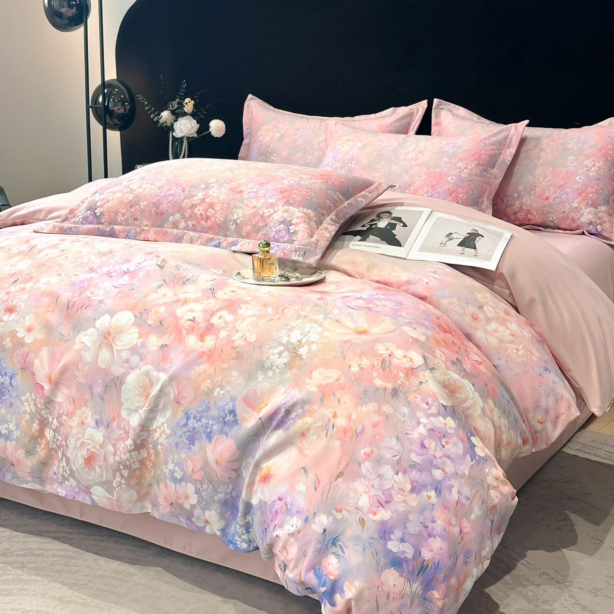 91家纺网 家纺一手货源 找家纺 喜四方 2025新款加厚全棉大版印花四件套 繁花似锦-粉