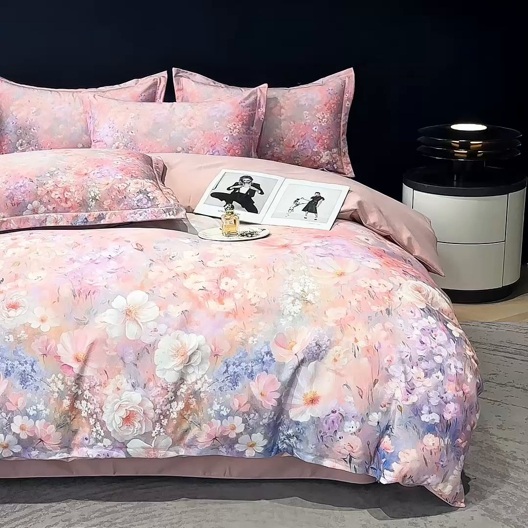 91家纺网 家纺一手货源 找家纺 喜四方 2025新款加厚全棉大版印花四件套 繁花似锦-粉