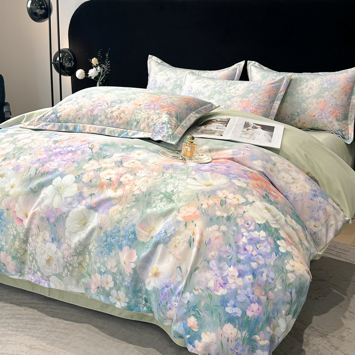 91家纺网 家纺一手货源 找家纺 喜四方 2025新款加厚全棉大版印花四件套 繁花似锦-绿