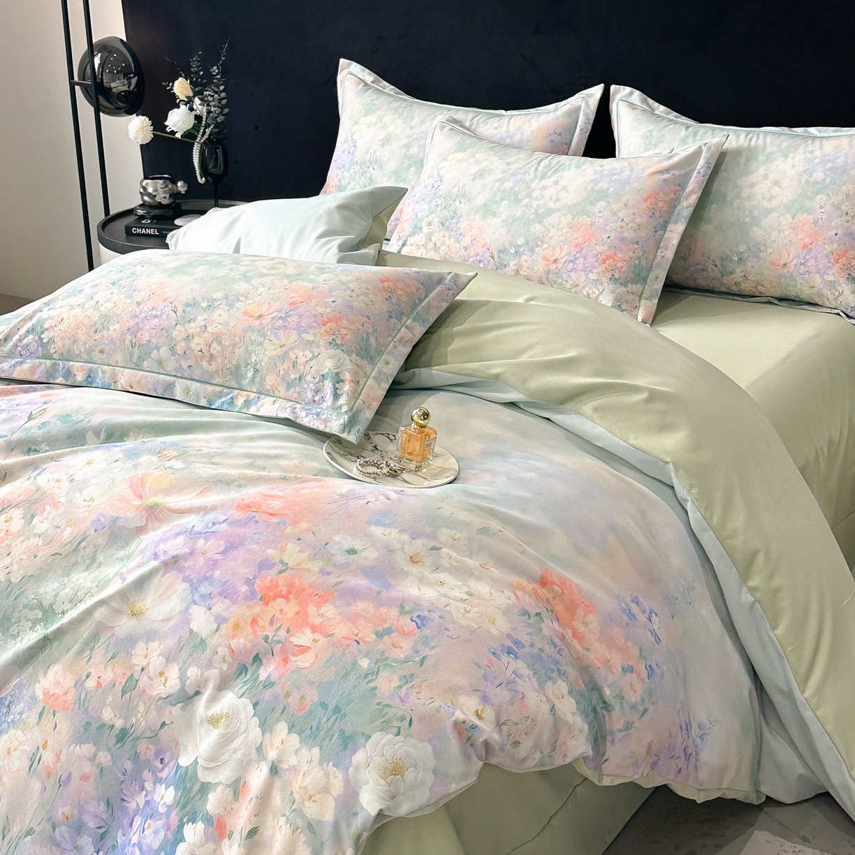 91家纺网 家纺一手货源 找家纺 喜四方 2025新款加厚全棉大版印花四件套 繁花似锦-绿