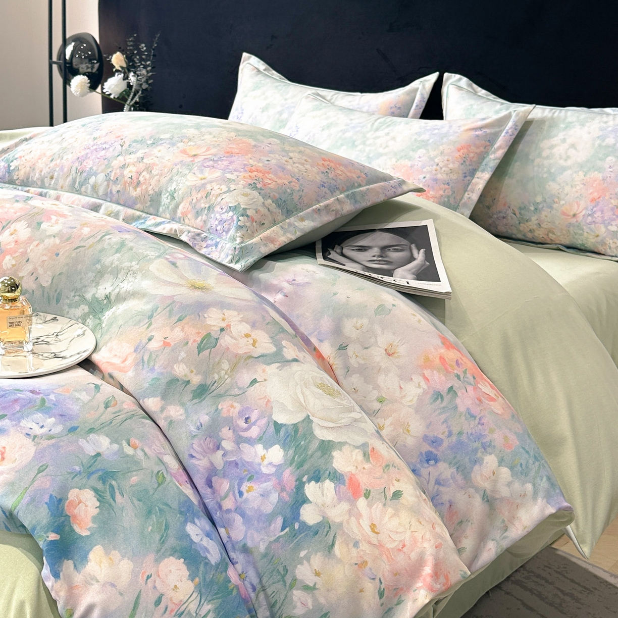 91家纺网 家纺一手货源 找家纺 喜四方 2025新款加厚全棉大版印花四件套 繁花似锦-绿