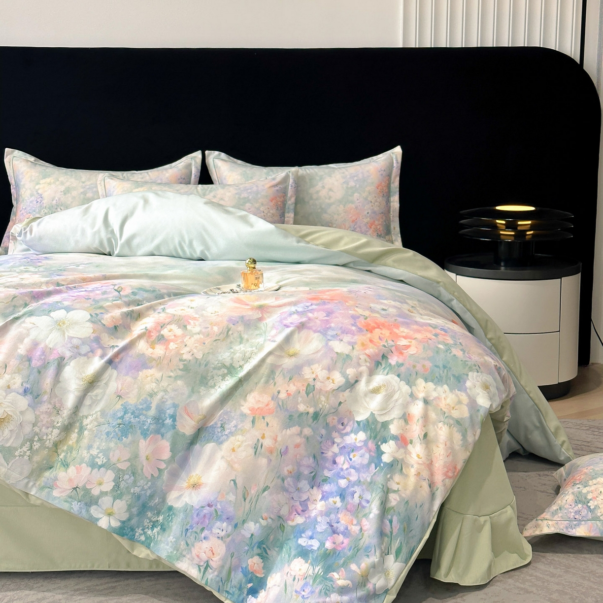 91家纺网 家纺一手货源 找家纺 喜四方 2025新款加厚全棉大版印花四件套 繁花似锦-绿