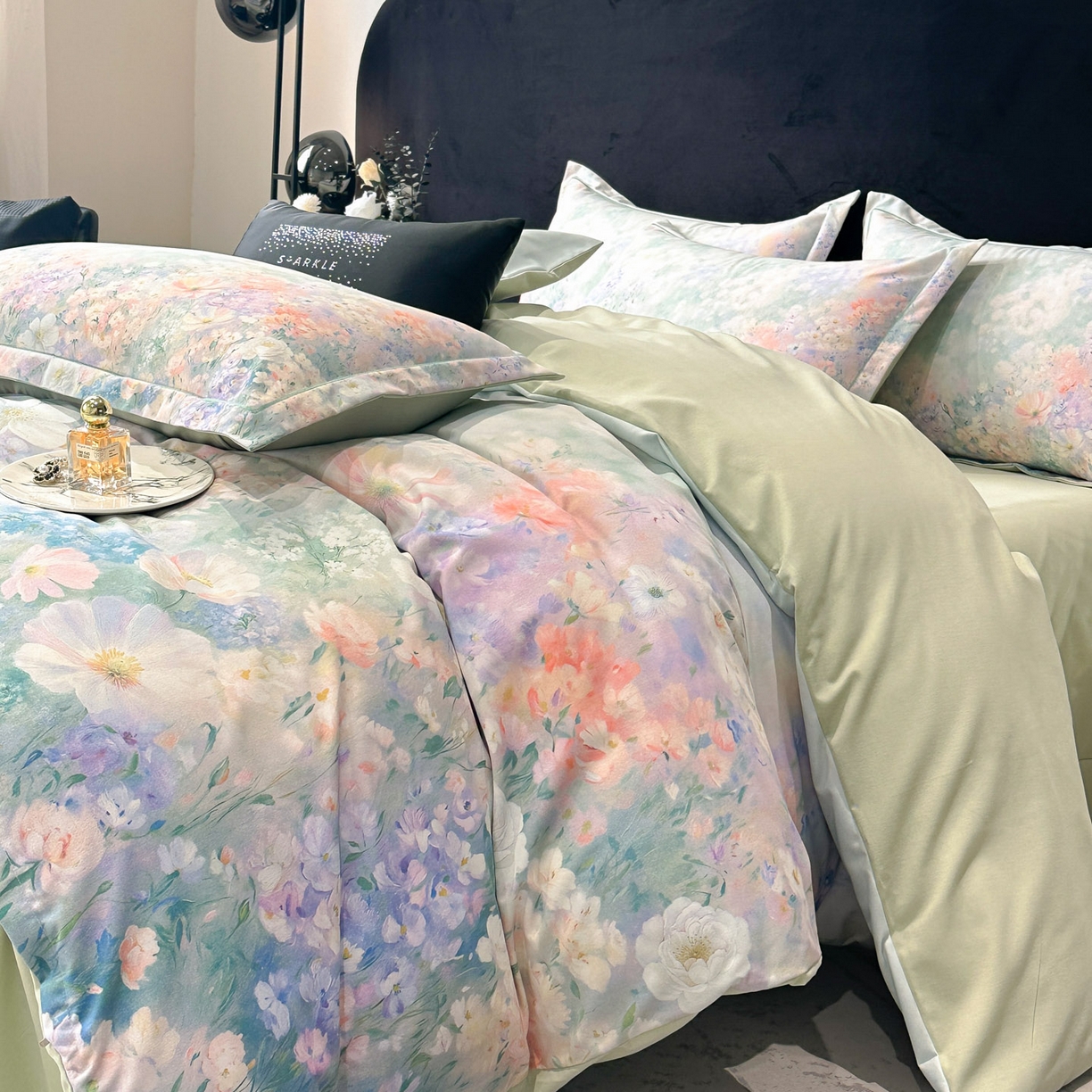 91家纺网 家纺一手货源 找家纺 喜四方 2025新款加厚全棉大版印花四件套 繁花似锦-绿