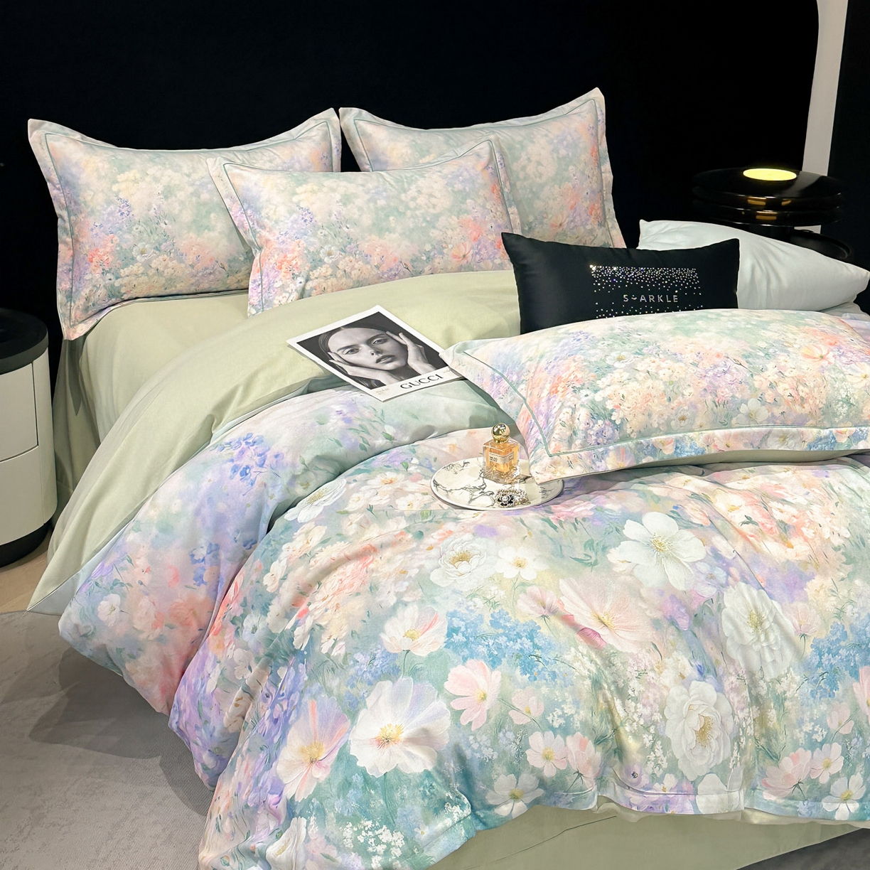 91家纺网 家纺一手货源 找家纺 喜四方 2025新款加厚全棉大版印花四件套 繁花似锦-绿