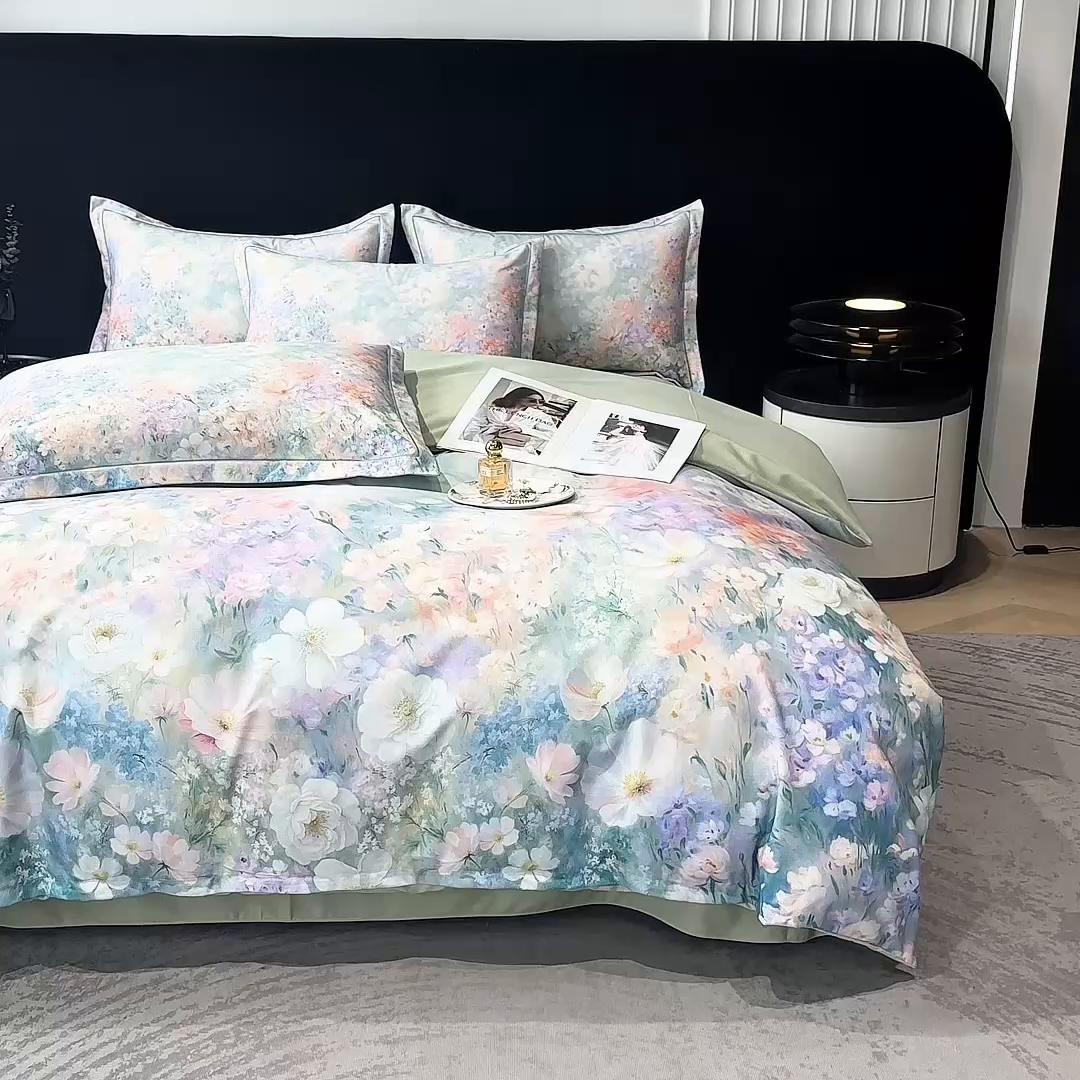 91家纺网 家纺一手货源 找家纺 喜四方 2025新款加厚全棉大版印花四件套 繁花似锦-绿