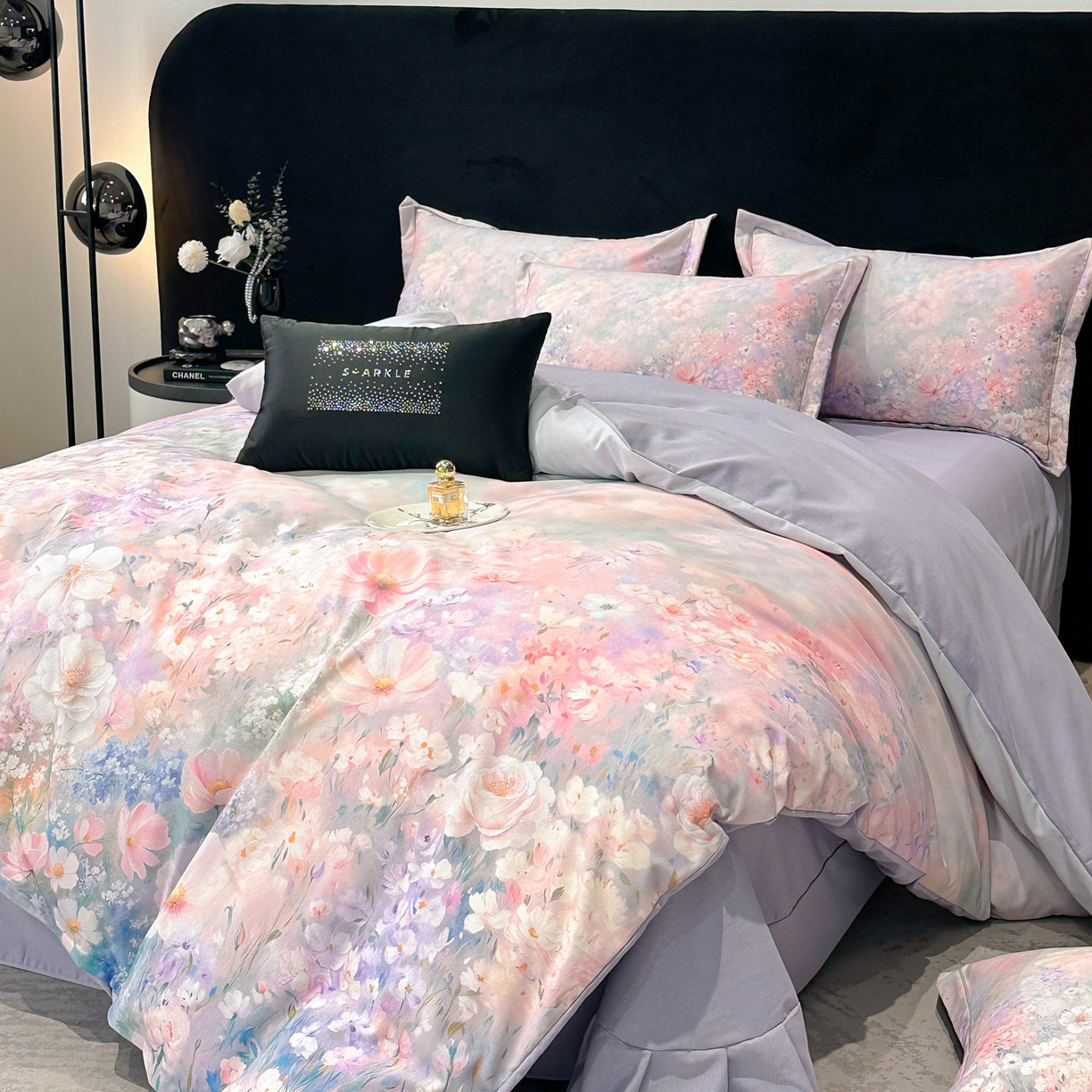 91家纺网 家纺一手货源 找家纺 喜四方 2025新款加厚全棉大版印花四件套 繁花似锦-紫