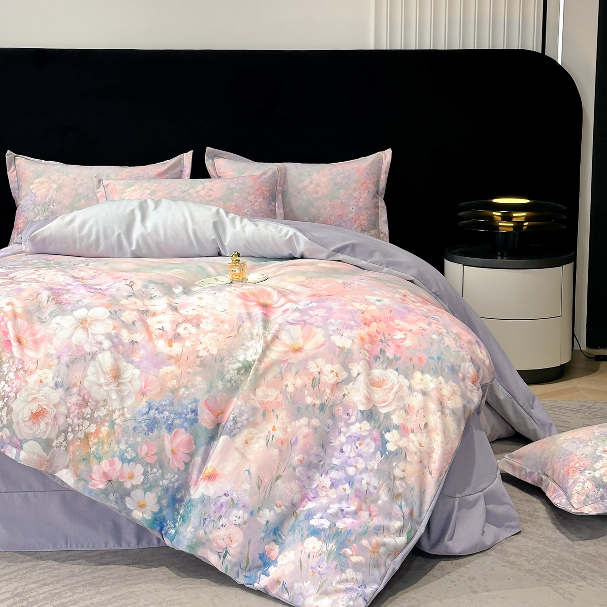 91家纺网 家纺一手货源 找家纺 喜四方 2025新款加厚全棉大版印花四件套 繁花似锦-紫