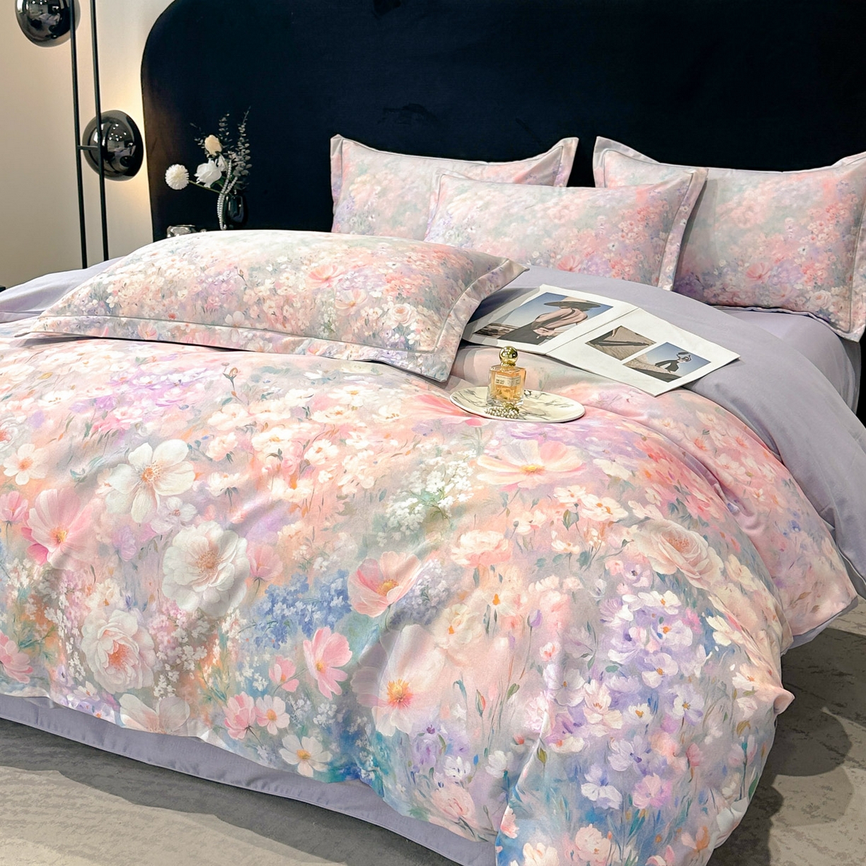 91家纺网 家纺一手货源 找家纺 喜四方 2025新款加厚全棉大版印花四件套 繁花似锦-紫