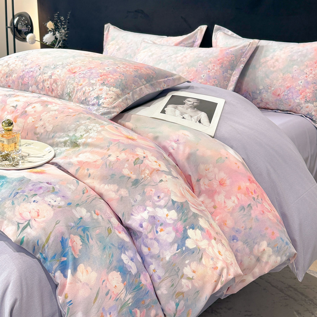 91家纺网 家纺一手货源 找家纺 喜四方 2025新款加厚全棉大版印花四件套 繁花似锦-紫