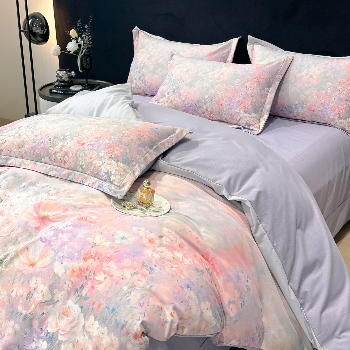 91家纺网 家纺一手货源 找家纺 喜四方 2025新款加厚全棉大版印花四件套 繁花似锦-紫