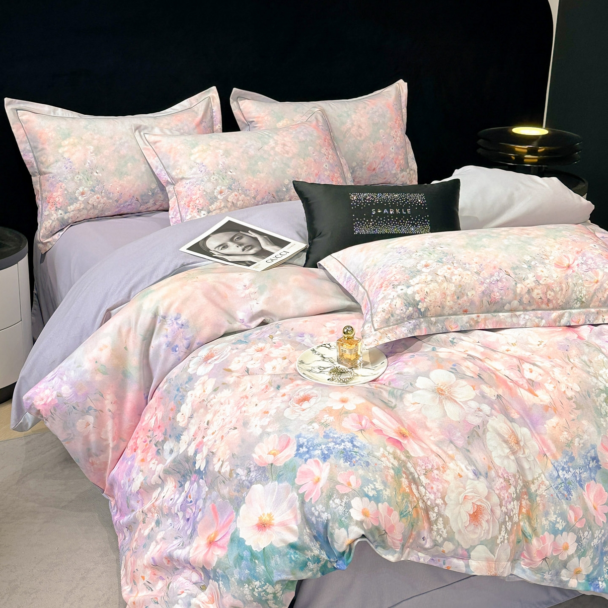 91家纺网 家纺一手货源 找家纺 喜四方 2025新款加厚全棉大版印花四件套 繁花似锦-紫