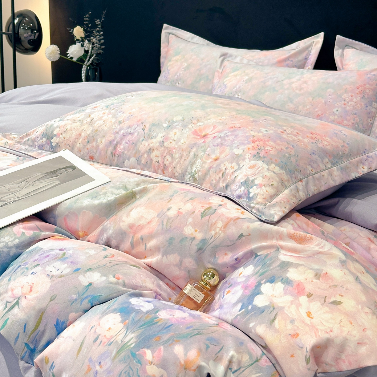 91家纺网 家纺一手货源 找家纺 喜四方 2025新款加厚全棉大版印花四件套 繁花似锦-紫