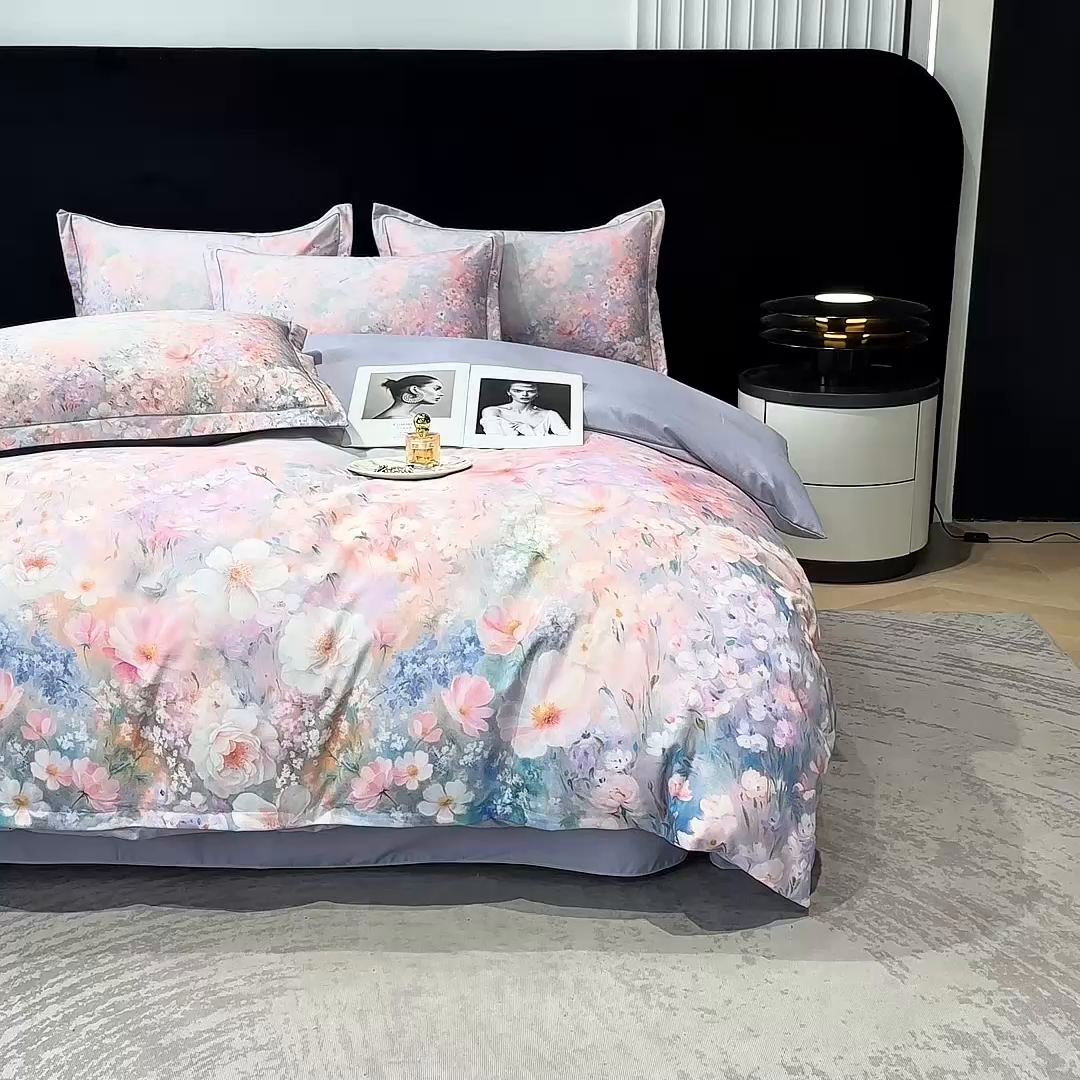 91家纺网 家纺一手货源 找家纺 喜四方 2025新款加厚全棉大版印花四件套 繁花似锦-紫