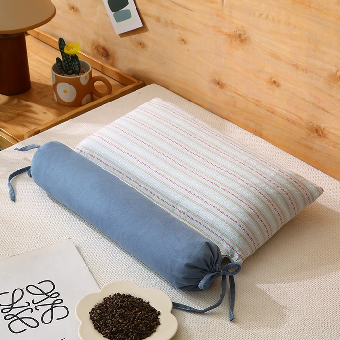 金牛枕芯2025新款2合1 3D条纹荞麦枕头枕芯组合牵引枕 蓝色