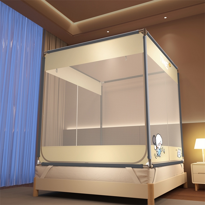 91家纺网 家纺一手货源 找家纺 佳梦家纺 2025新款防摔坐床蚊帐-T门烫画系列 西西里-奶油黄