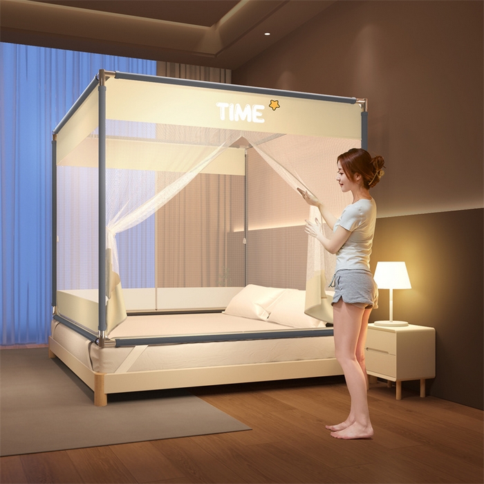 91家纺网 家纺一手货源 找家纺 佳梦家纺 2025新款防摔坐床蚊帐-T门烫画系列 西西里-奶油黄