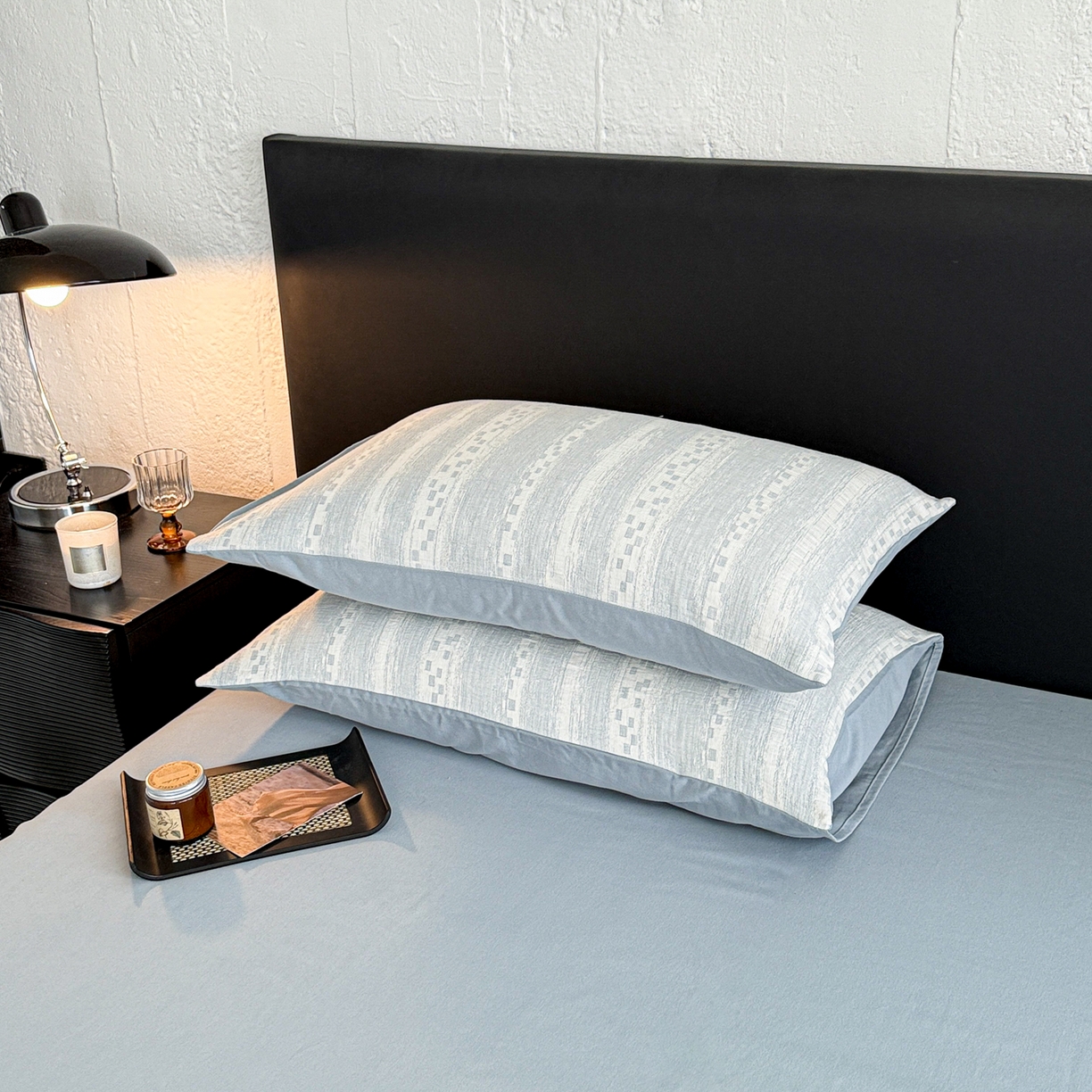 91家纺网 家纺一手货源 找家纺 眠博士 2025新款全棉提花磨毛单枕套 提花磨毛枕套-梦雨蓝