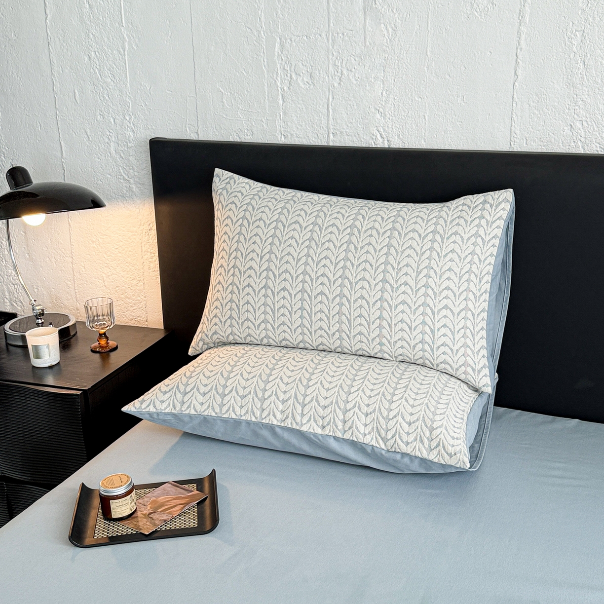 91家纺网 家纺一手货源 找家纺 眠博士 2025新款全棉提花磨毛单枕套 提花磨毛枕套-荞麦蓝