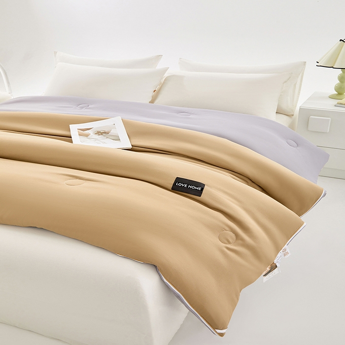 91家纺网 家纺一手货源 找家纺 VIP被业 2025新款双拼贴标大豆子母被冬被被子被芯 卡其拼灰