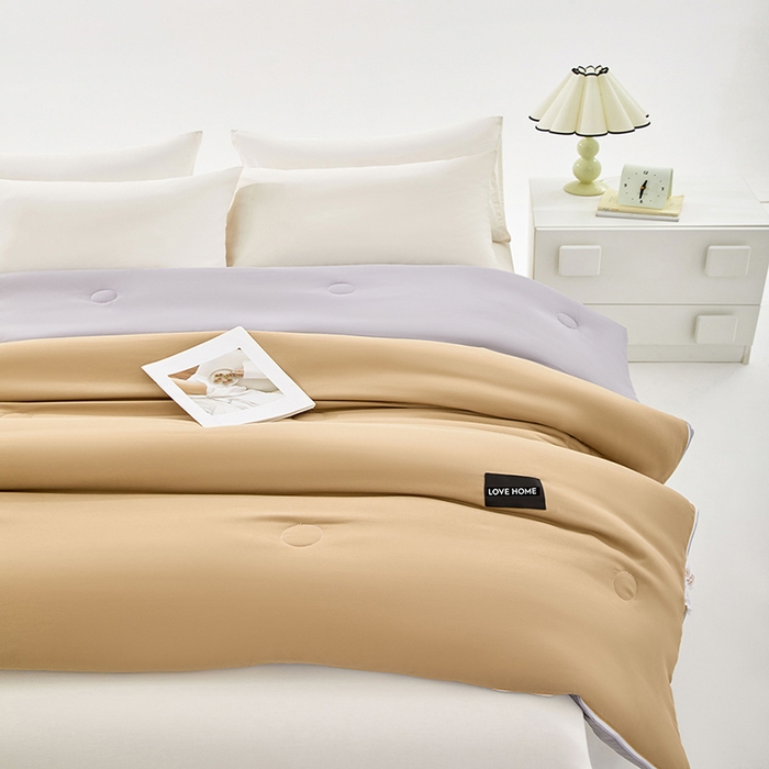 91家纺网 家纺一手货源 找家纺 VIP被业 2025新款双拼贴标大豆子母被冬被被子被芯 卡其拼灰