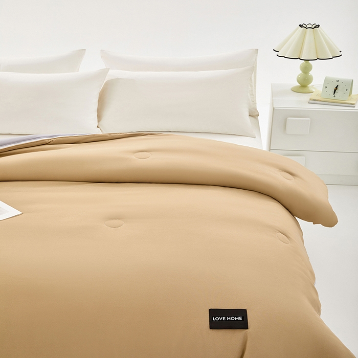 91家纺网 家纺一手货源 找家纺 VIP被业 2025新款双拼贴标大豆子母被冬被被子被芯 卡其拼灰