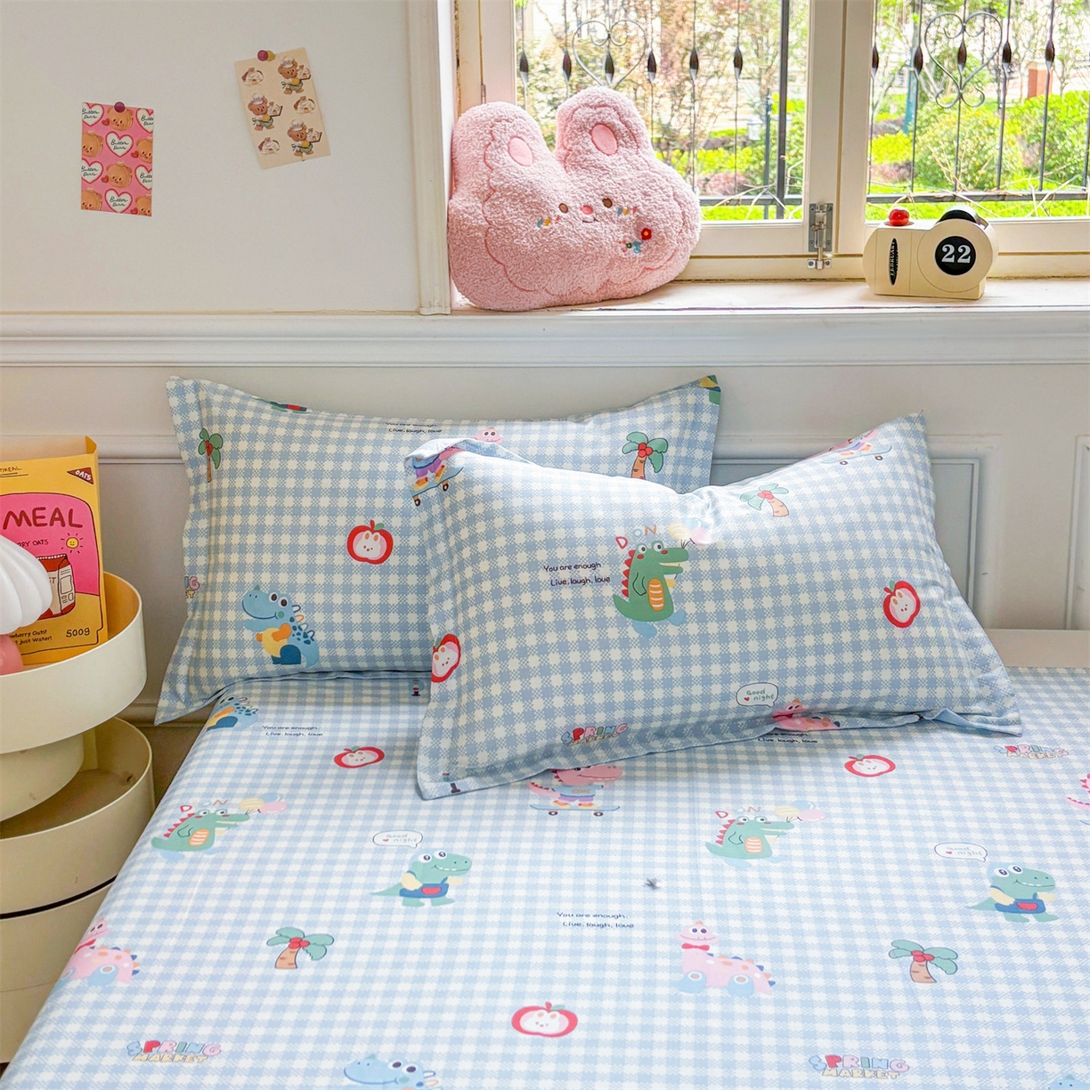 91家纺网 家纺一手货源 找家纺 花梦欣 2025新款全棉纯棉印花单品系列-多规格枕套单品枕套枕套单件 大眼恐龙蓝