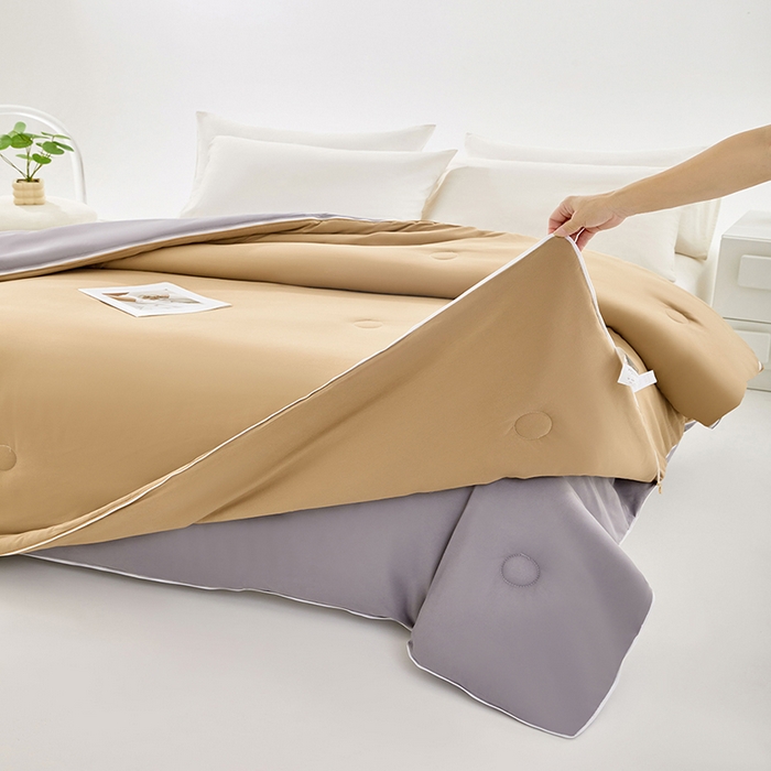 91家纺网 家纺一手货源 找家纺 VIP被业 2025新款双拼贴标大豆子母被冬被被子被芯 卡其拼灰