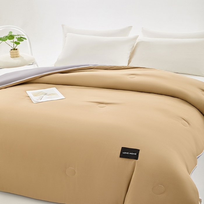 91家纺网 家纺一手货源 找家纺 VIP被业 2025新款双拼贴标大豆子母被冬被被子被芯 卡其拼灰