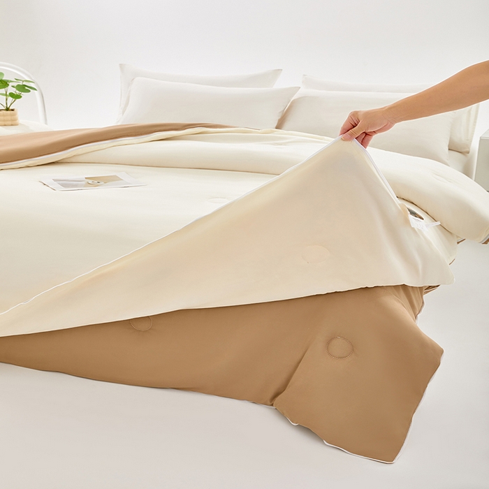 91家纺网 家纺一手货源 找家纺 VIP被业 2025新款双拼贴标大豆子母被冬被被子被芯 米拼卡其