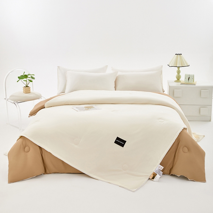 91家纺网 家纺一手货源 找家纺 VIP被业 2025新款双拼贴标大豆子母被冬被被子被芯 米拼卡其