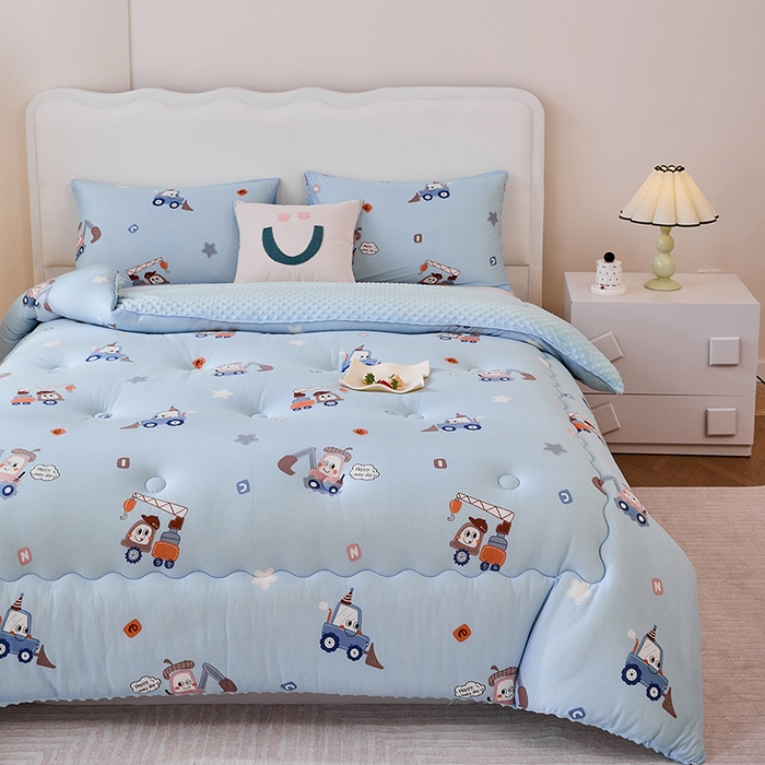 91家纺网 家纺一手货源 找家纺 天瑜家纺 2025新款针织棉豆豆绒大豆被冬被被子被芯 挖机蓝