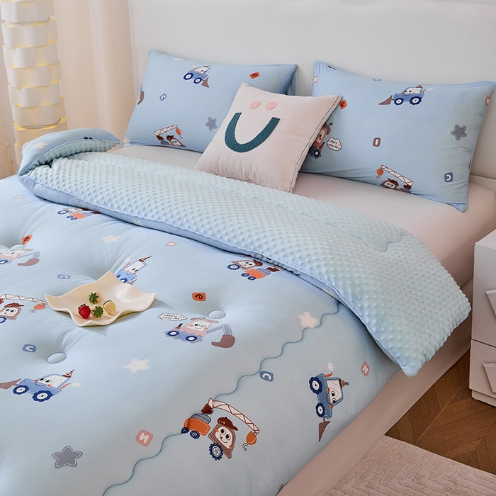 91家纺网 家纺一手货源 找家纺 天瑜家纺 2025新款针织棉豆豆绒大豆被冬被被子被芯 挖机蓝