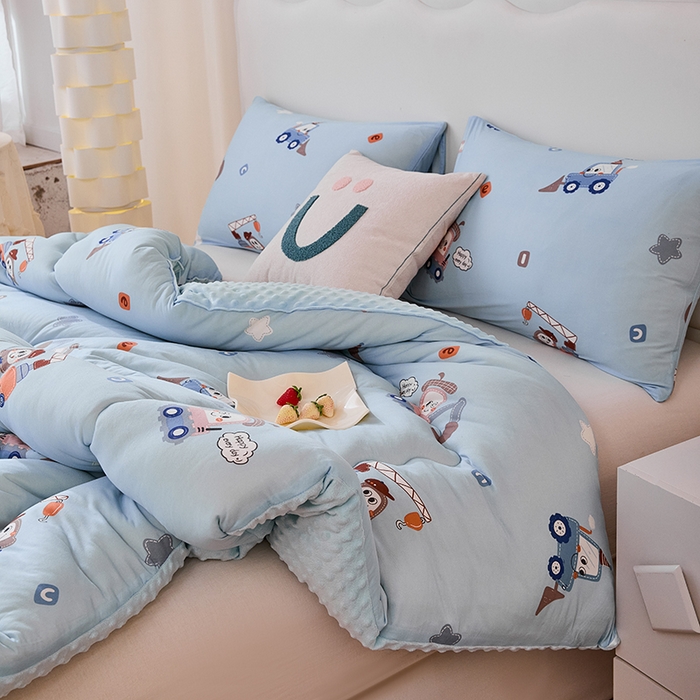 91家纺网 家纺一手货源 找家纺 天瑜家纺 2025新款针织棉豆豆绒大豆被冬被被子被芯 挖机蓝