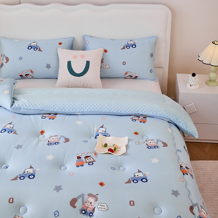 91家纺网 家纺一手货源 找家纺 天瑜家纺 2025新款针织棉豆豆绒大豆被冬被被子被芯 挖机蓝