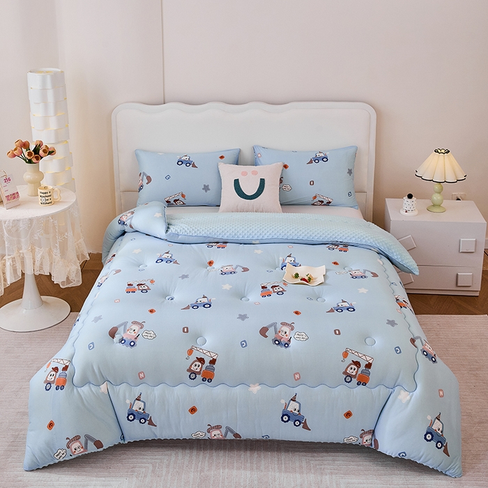 91家纺网 家纺一手货源 找家纺 天瑜家纺 2025新款针织棉豆豆绒大豆被冬被被子被芯 挖机蓝