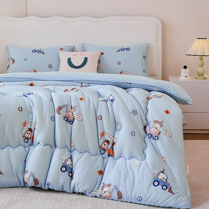 91家纺网 家纺一手货源 找家纺 天瑜家纺 2025新款针织棉豆豆绒大豆被冬被被子被芯 挖机蓝