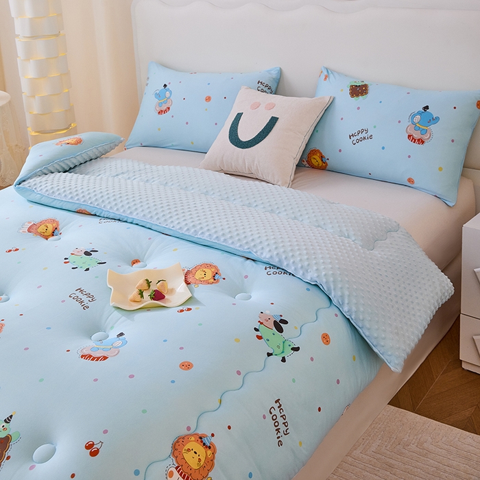 91家纺网 家纺一手货源 找家纺 天瑜家纺 2025新款针织棉豆豆绒大豆被冬被被子被芯 小狮子蓝