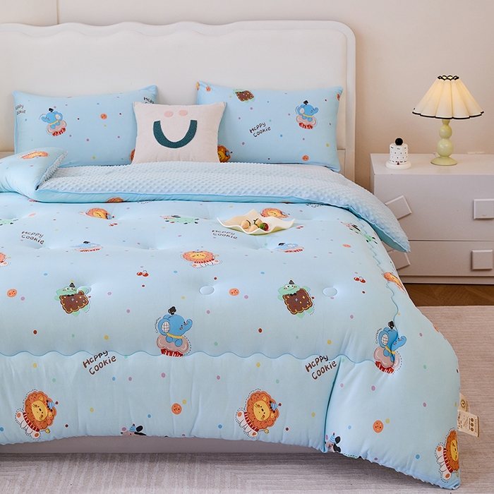 91家纺网 家纺一手货源 找家纺 天瑜家纺 2025新款针织棉豆豆绒大豆被冬被被子被芯 小狮子蓝