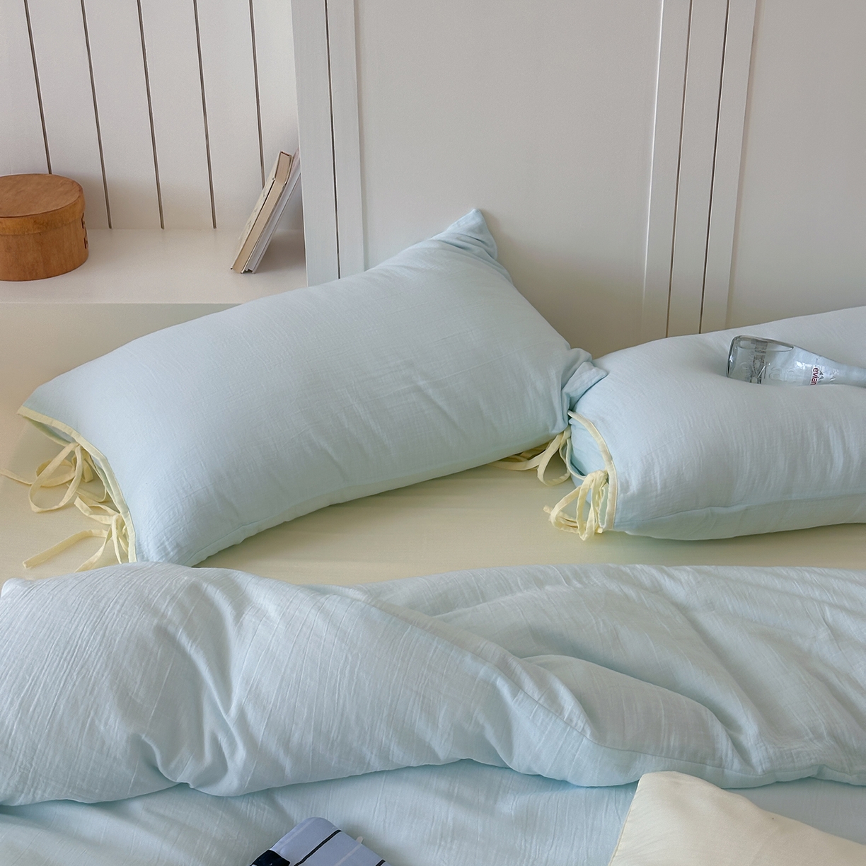 91家纺网 家纺一手货源 找家纺 （总）小春日和 2025新款纯棉A类婴幼儿母婴纯色双层皱皱纱四件套