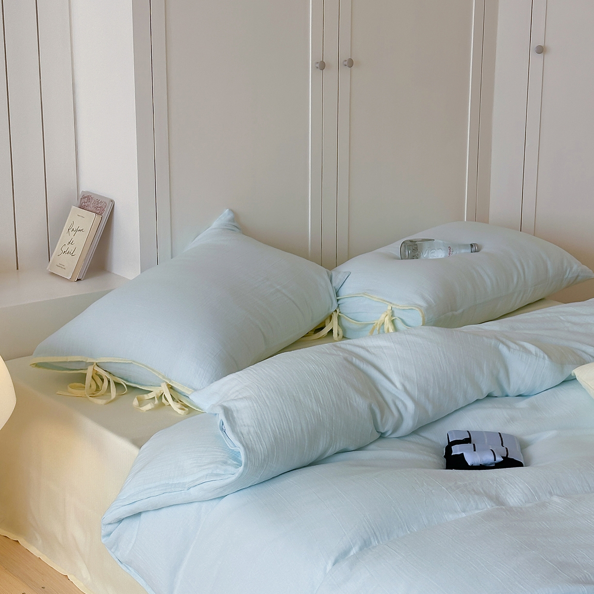 91家纺网 家纺一手货源 找家纺 （总）小春日和 2025新款纯棉A类婴幼儿母婴纯色双层皱皱纱四件套