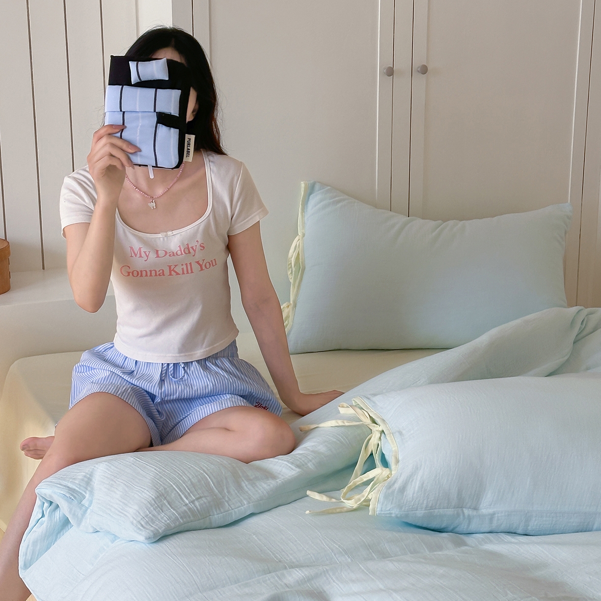 91家纺网 家纺一手货源 找家纺 小春日和 2025新款纯棉A类婴幼儿母婴纯色双层皱皱纱四件套 海盐芝士