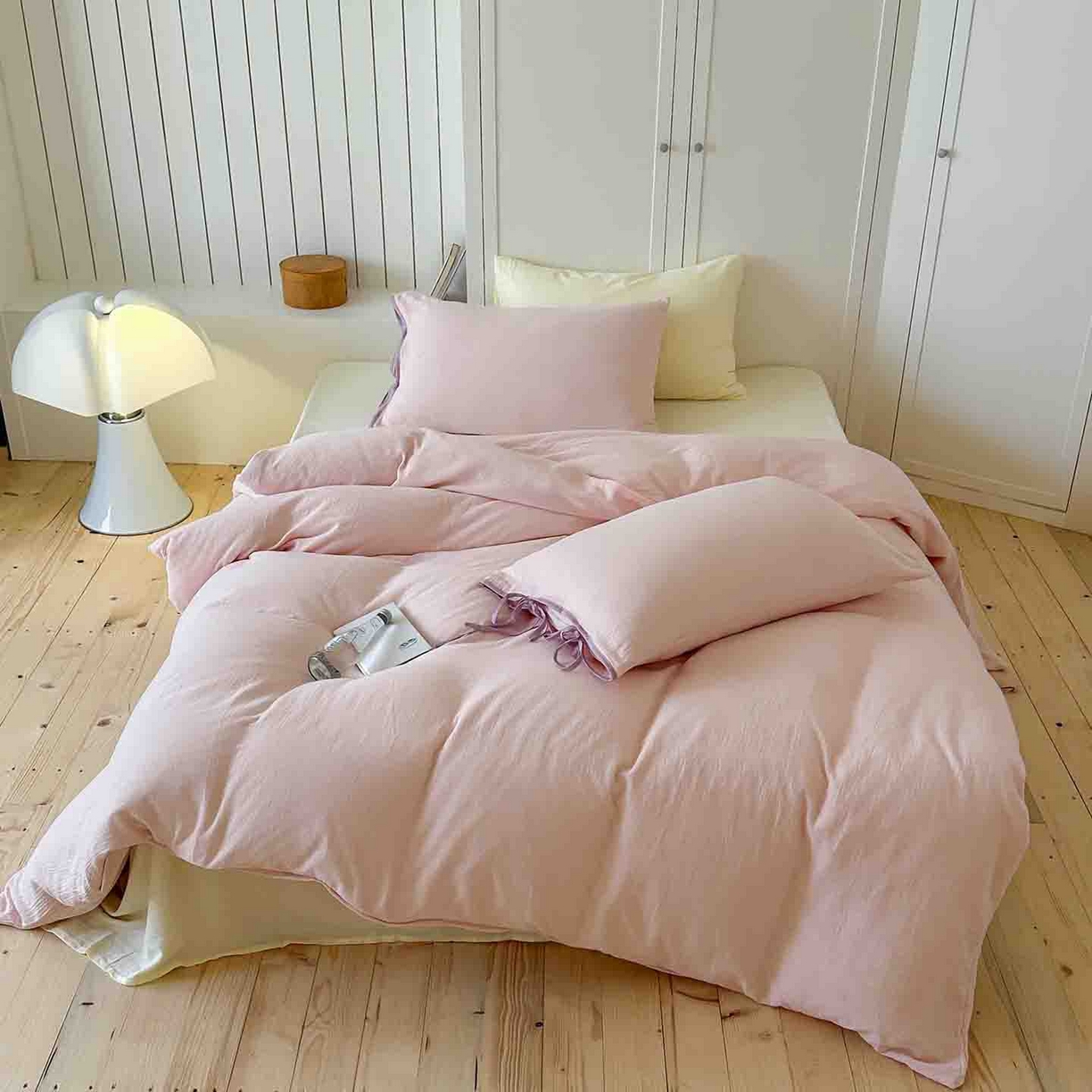 91家纺网 家纺一手货源 找家纺 （总）小春日和 2025新款纯棉A类婴幼儿母婴纯色双层皱皱纱四件套