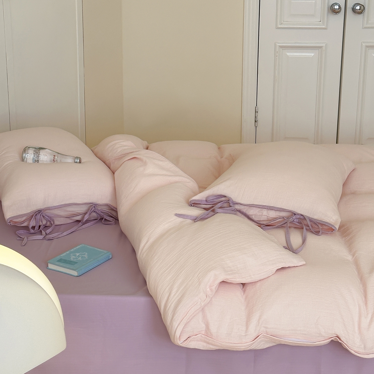 91家纺网 家纺一手货源 找家纺 小春日和 2025新款纯棉A类婴幼儿母婴纯色双层皱皱纱四件套 蜜桃乌龙