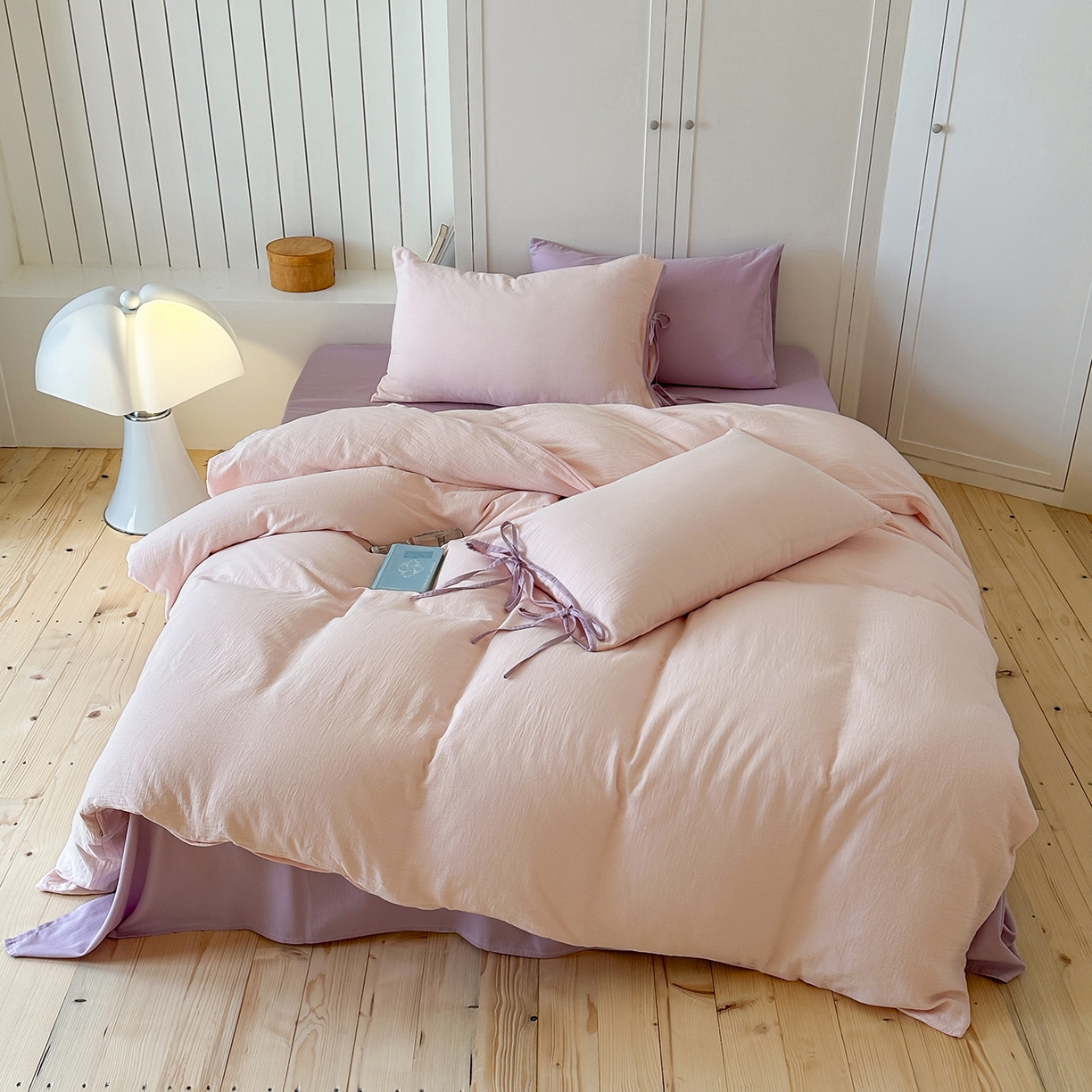 91家纺网 家纺一手货源 找家纺 小春日和 2025新款纯棉A类婴幼儿母婴纯色双层皱皱纱四件套 蜜桃乌龙