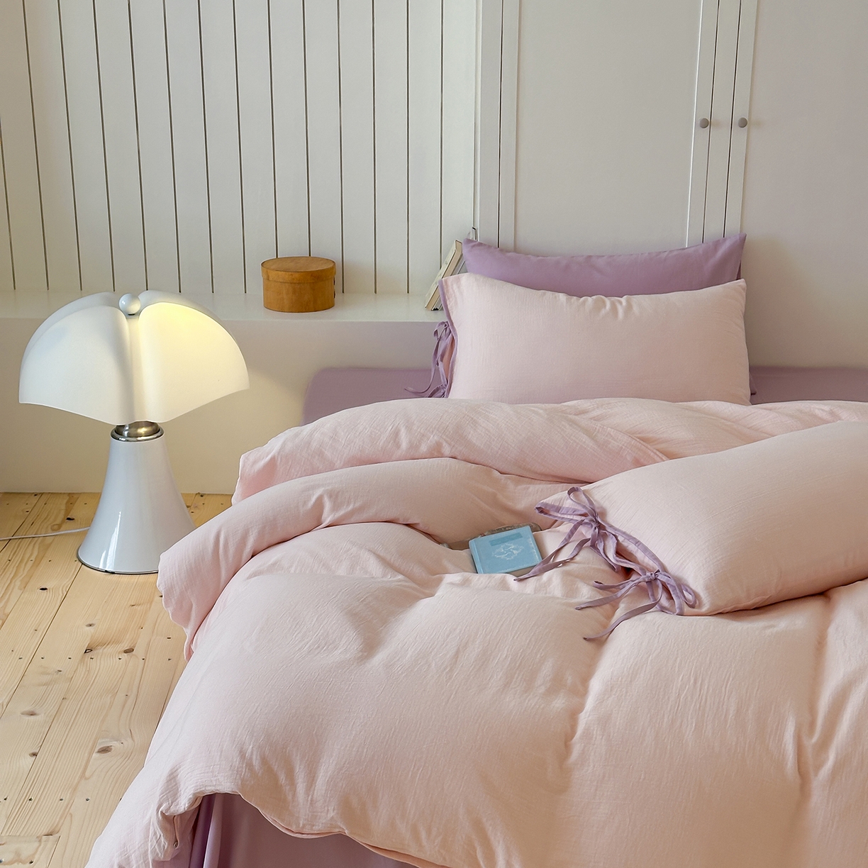 91家纺网 家纺一手货源 找家纺 小春日和 2025新款纯棉A类婴幼儿母婴纯色双层皱皱纱四件套 蜜桃乌龙