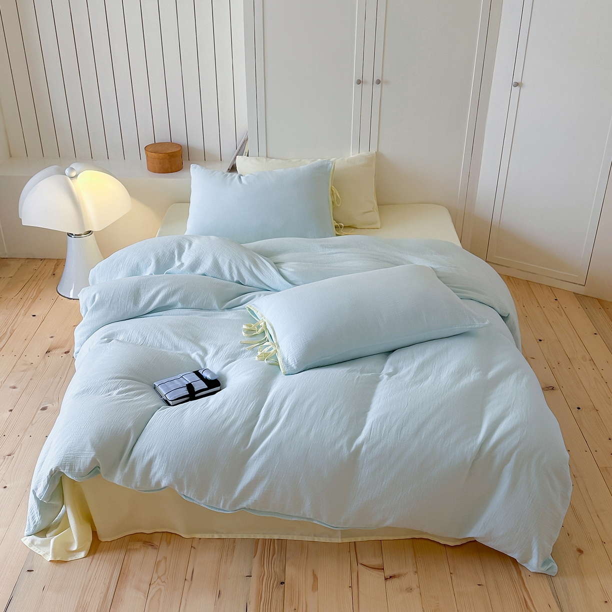 91家纺网 家纺一手货源 找家纺 （总）小春日和 2025新款纯棉A类婴幼儿母婴纯色双层皱皱纱四件套